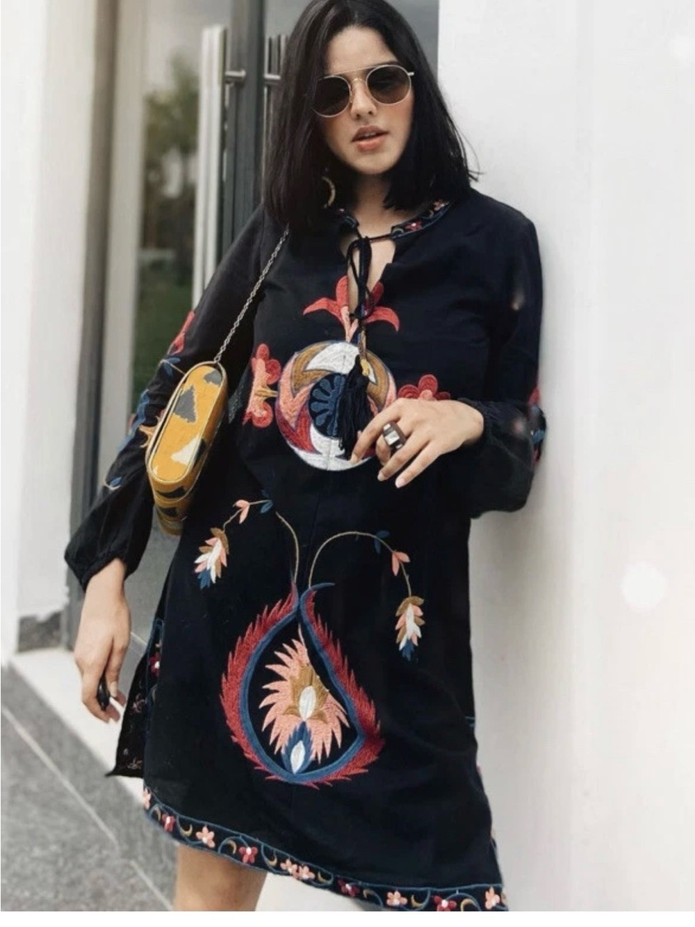 Zara Black Long-Sleeve Embroidered Mini Dress with Multicolor Motifs